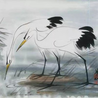 林风眠 动物风景装饰画《鹭鸶》34cmx34cm 宣纸 1985年 木版水印画