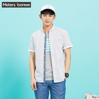 美特斯邦威短袖衬衫男夏装翻领尖领纯棉格子长袖衬衣
