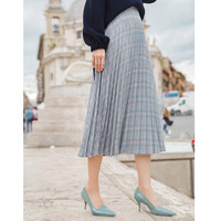 反季清仓秋女款经典复古文艺格纹高腰百褶A字裙中长裙半身裙 L 黑蓝色