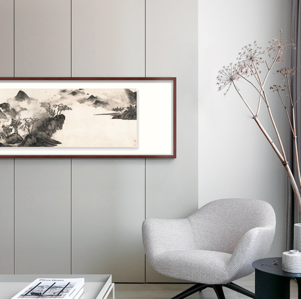 橙舍沈周山水国画水墨画烟江叠嶂卷一装裱40x120cm宣纸雅致红褐