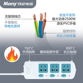 玛尼插座面板多孔插排家用功能独立开关拖接线电插板带3/5米长线