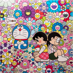 阿斯蒙迪村上隆太阳花哆啦a梦正方形手工画框6060cm保真亲笔签名版画