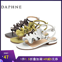 DAPHNE 达芙妮 Daphne/达芙妮专柜正品女鞋 羊皮荷叶边低跟T型纯色休闲时尚凉鞋