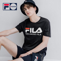 FILA 斐乐 FUSION斐乐官方潮牌男子针织短袖T恤2021年新款简约休闲上衣字母T恤 炭黑-BK 185/104A/XXL