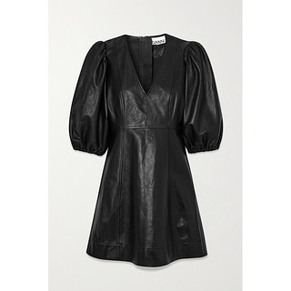 GANNI 2021春季女黑色V领羊皮革法式连衣裙NET-A-PORTER（36、黑色）
