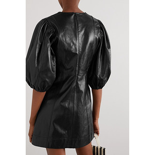 GANNI 2021春季女黑色V领羊皮革法式连衣裙NET-A-PORTER（40、黑色）