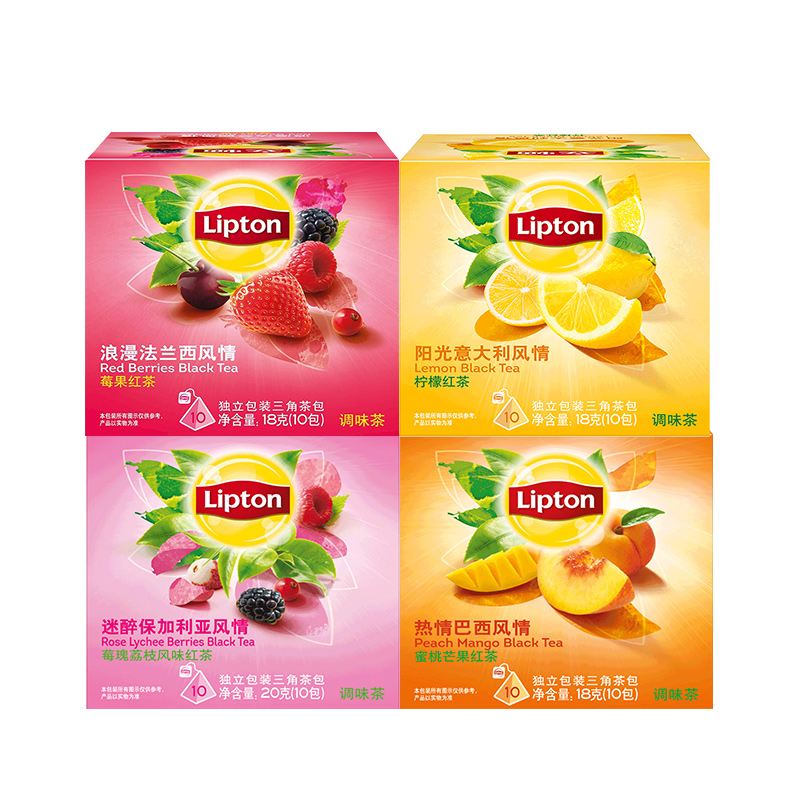 Lipton 立顿 水果茶组合装 4口味 10包*4盒（草莓红茶+柠檬红茶+草莓荔枝风味红茶+蜜桃芒果红茶）