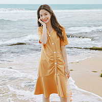 夏季特卖女款短袖连衣裙优雅V领修身法式复古格子气质 M 橙格