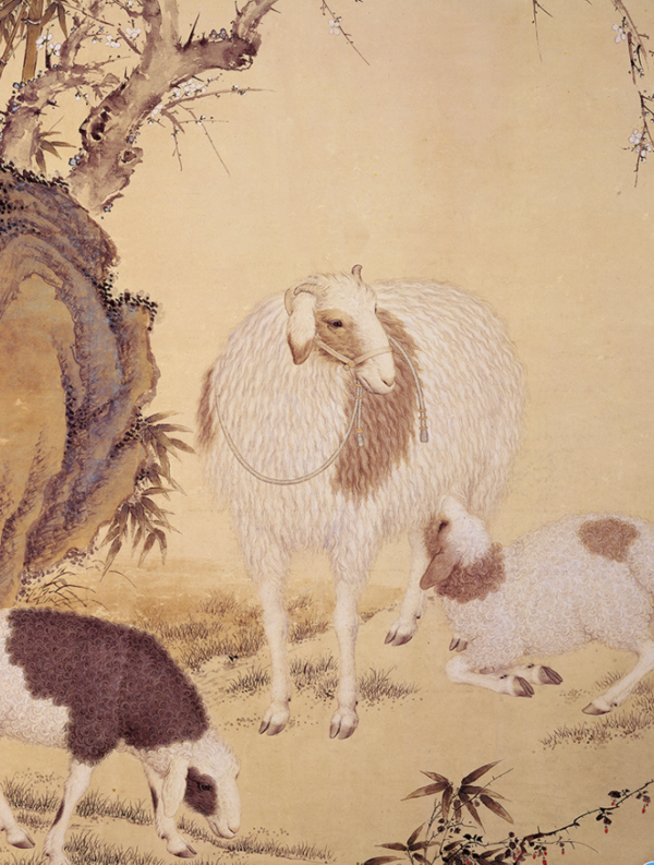 橙舍郎世宁三羊开泰图画框尺寸100x50cm宣纸黄杨木画框
