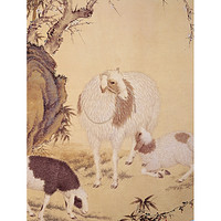 橙舍 郎世宁三羊《开泰图》画框尺寸100x50cm 宣纸 黄杨木画框