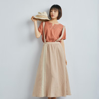 清仓青麻系列夏装女款亚麻吊带A摆浅咖色文艺森系少女拼色背带裙 M 浅咖色