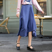 反季清仓【清麻系列】春秋女A摆牛仔半身裙亚麻棉中腰舒适中长裙 L 牛仔蓝