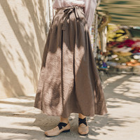 反季清仓秋女款粘纤混纺收褶系带纯色知性优雅通勤半身裙 M 咖啡色