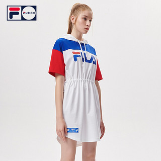 FILA 斐乐 FUSION 斐乐潮牌女装连衣裙2021夏秋新款撞色连帽运动休闲裙 标准白-WT