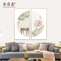 新中式荷花二联挂画玄关装饰画现代客厅背景墙壁画半圆装裱手绘画