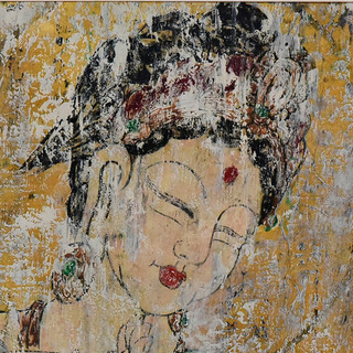 沈鼎雍宣纸油画国画《绿衣持莲观音图》壁画装饰画