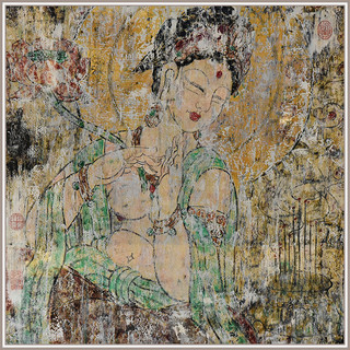 沈鼎雍宣纸油画国画《绿衣持莲观音图》壁画装饰画