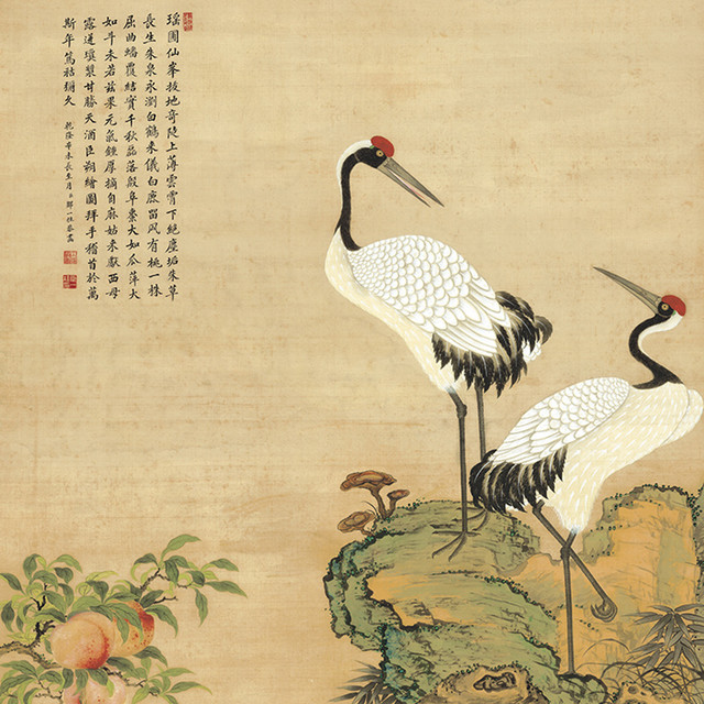 邹一桂仙鹤蟠桃图办公室墙画客厅挂画竖版餐厅玄关走廊过道装饰画（画框