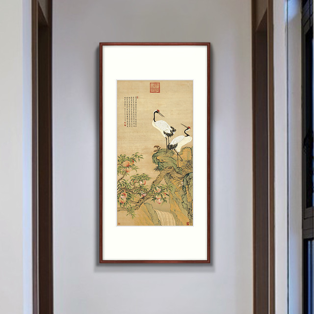 邹一桂仙鹤蟠桃图办公室墙画客厅挂画竖版餐厅玄关走廊过道装饰画（画框