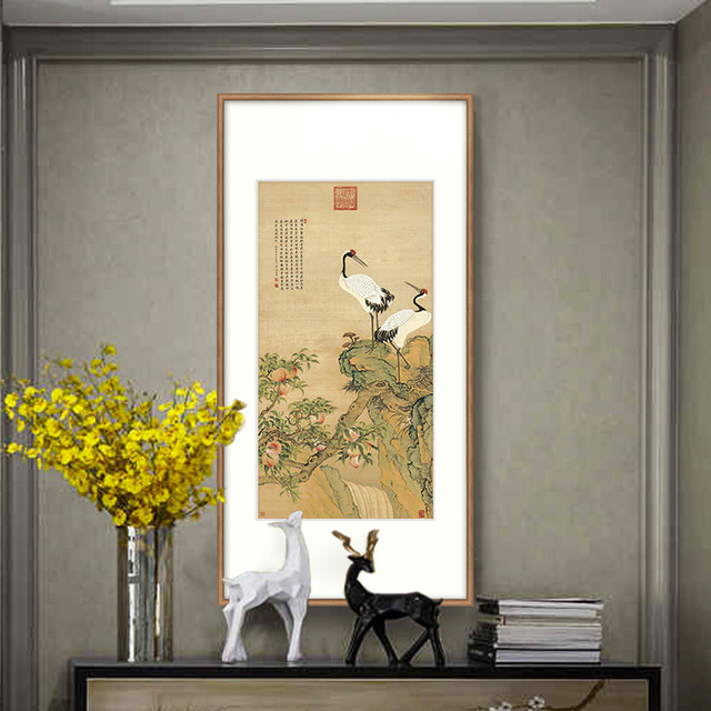 邹一桂仙鹤蟠桃图办公室墙画客厅挂画竖版餐厅玄关走廊过道装饰画（画框