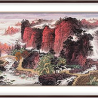 弘舍 王浩《红韵悠悠山高水长》240×105cm 新中式客厅装饰画 山水画国画会所壁画