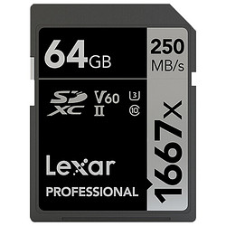 Lexar 雷克沙 1667X Pro SD相机存储卡 64GB（UHS-II、V60、U3）