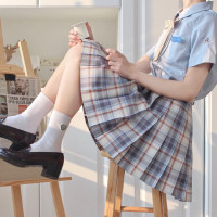 春日制服部 小酸奶 jk制服 蓝色百褶格裙 42cm S