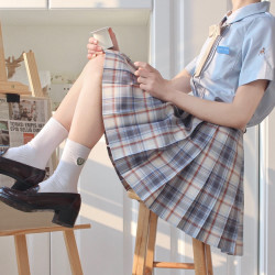 春日制服部 小酸奶 jk制服 蓝色百褶格裙 42cm S