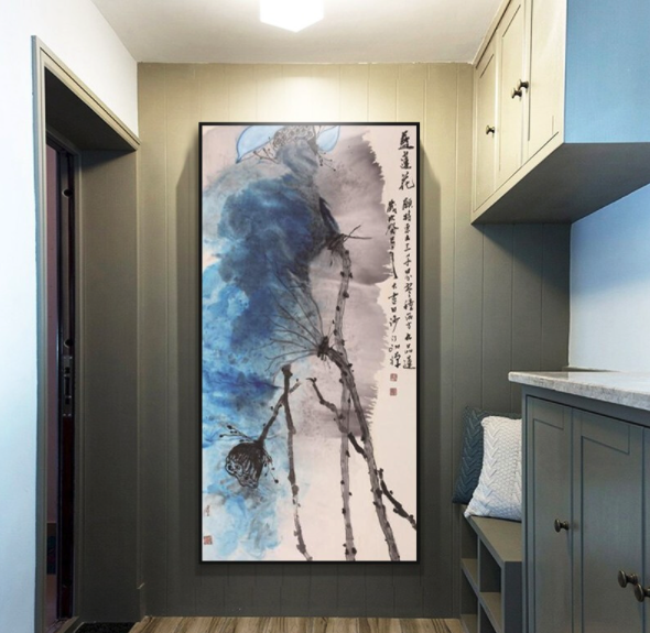 轩色手绘玄关装饰画A款50×100cm 新中式单幅原创竖版荷花抽象油画创意
