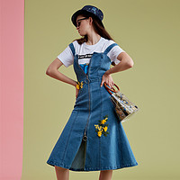 春夏贴布绣拉链牛仔吊带连衣裙气质 L 浅蓝