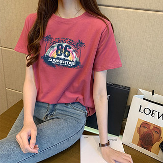 纯棉圆领短袖T恤 2021夏季新款时尚印花百搭女式T恤 M 桃红