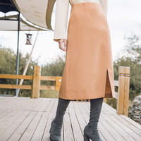 反季清仓冬装女款高腰显瘦开叉下摆A字中长款秋冬半身裙女 L 黄色