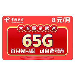 CHINA TELECOM 中国电信 电信流量卡宙斯卡8元含65G全国流量不限速，可自选号码