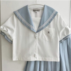 春日制服部 清露高 jk制服 三本泡泡袖水手服 白色/浅蓝 M
