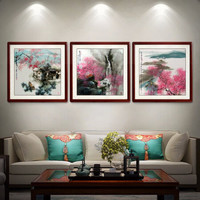 尚得堂 手绘国画山水画客厅装饰画简约沙发背景墙壁画中式三联画多联画挂画餐厅卧室玄关 山水三联画-赠软裱-无框发顺丰 定制尺寸请联系客服-发顺丰