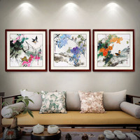 尚得堂 手绘国画山水画客厅装饰画简约沙发背景墙壁画中式三联画多联画挂画餐厅卧室玄关 花鸟画三联画-赠软裱-无框发顺丰 定制尺寸请联系客服-发顺丰