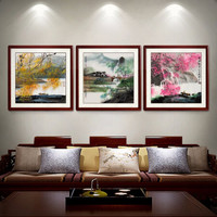 尚得堂 手绘国画山水画客厅装饰画简约沙发背景墙壁画中式三联画多联画挂画餐厅卧室玄关 江南三联画-沙比利实木框-发顺丰 定制尺寸请联系客服-发顺丰