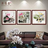 尚得堂 手绘国画山水画客厅装饰画简约沙发背景墙壁画中式三联画多联画挂画餐厅卧室玄关 荷花三联画-赠软裱-无框发顺丰 定制尺寸请联系客服-发顺丰