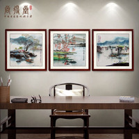 尚得堂 手绘国画 江南水乡三联画 客厅沙发背景墙画装饰画简约现代中式玄关挂画壁画风景水墨画 风景10-棕色圆角 定制尺寸请联系客服