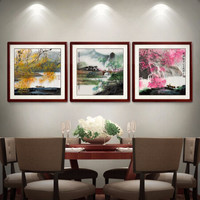 尚得堂 手绘国画 福禄寿三联画 客厅沙发背景墙画装饰画简约现代中式挂画名家真迹风景水墨画 禄-棕色圆角沙比利实木框 定制尺寸请联系客服-发顺丰