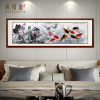 尚得堂 手绘国画水墨画中式沙发背景装饰墙画酒店会所壁画玄关走廊挂画客厅书房风水九鱼图字画 鲤鱼18-带框-发顺丰 装裱216*66