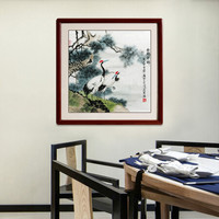 尚得堂手绘国画松鹤延年祝寿图客厅装饰画玄关挂画白鹤松树房间卧室办公室书房墙画水墨画 沙比利实木框-直角黑色-发顺丰 定制尺寸请联系客服-发顺丰