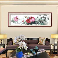 尚得堂 手绘国画写意牡丹中式客厅沙发背景装饰墙画餐厅挂画会所水墨字画花开富贵办公室壁画 牡丹66-实木框发顺丰 装裱156*46