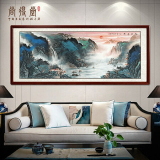 尚得堂 _纯手绘国画 名家真迹旭日东升山水画靠山客厅沙发背景墙画装饰画办公室壁画水墨画 沙比利实木框-圆角黑色-发顺丰 装裱218
