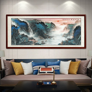 尚得堂 _纯手绘国画 名家真迹旭日东升山水画靠山客厅沙发背景墙画装饰画办公室壁画水墨画 沙比利实木框-圆角黑色-发顺丰 装裱218