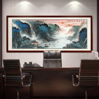 尚得堂 _纯手绘国画 名家真迹旭日东升山水画靠山客厅沙发背景墙画装饰画办公室壁画水墨画 沙比利实木框-圆角黑色-发顺丰 装裱218