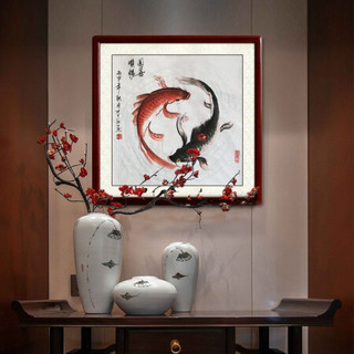 尚得堂_手绘国画 太极鲤鱼 中式餐厅挂画客厅沙发背景墙画卧室走廊玄关装饰水墨壁画电表箱有框 沙比利实木框-圆角黑色-发顺丰 定制尺寸请联系客服-发顺丰