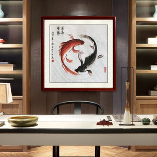尚得堂_手绘国画 太极鲤鱼 中式餐厅挂画客厅沙发背景墙画卧室走廊玄关装饰水墨壁画电表箱有框 沙比利实木框-圆角黑色-发顺丰 定制尺寸请联系客服-发顺丰
