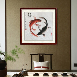 尚得堂_手绘国画 太极鲤鱼 中式餐厅挂画客厅沙发背景墙画卧室走廊玄关装饰水墨壁画电表箱有框 沙比利实木框-圆角黑色-发顺丰 定制尺寸请联系客服-发顺丰