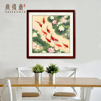 尚得堂手绘国画荷花九鱼图风水画客厅沙发背景墙画玄关装饰字画鲤鱼挂画书房斗方壁画办公室水墨画 沙比利实木框-圆角棕色-发顺丰 定制尺寸请联系客服-发顺丰